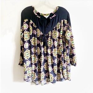 Crown & Ivy peasant shirt navy blue green tassel 3/4 length sleeves